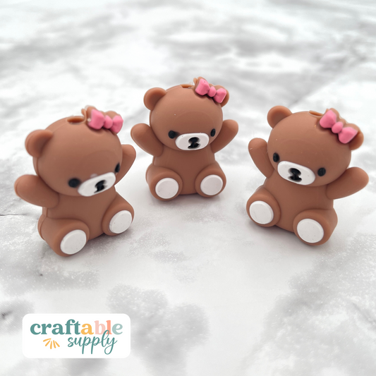 3D Teddy Bear with Bow Silicone Focal Bead