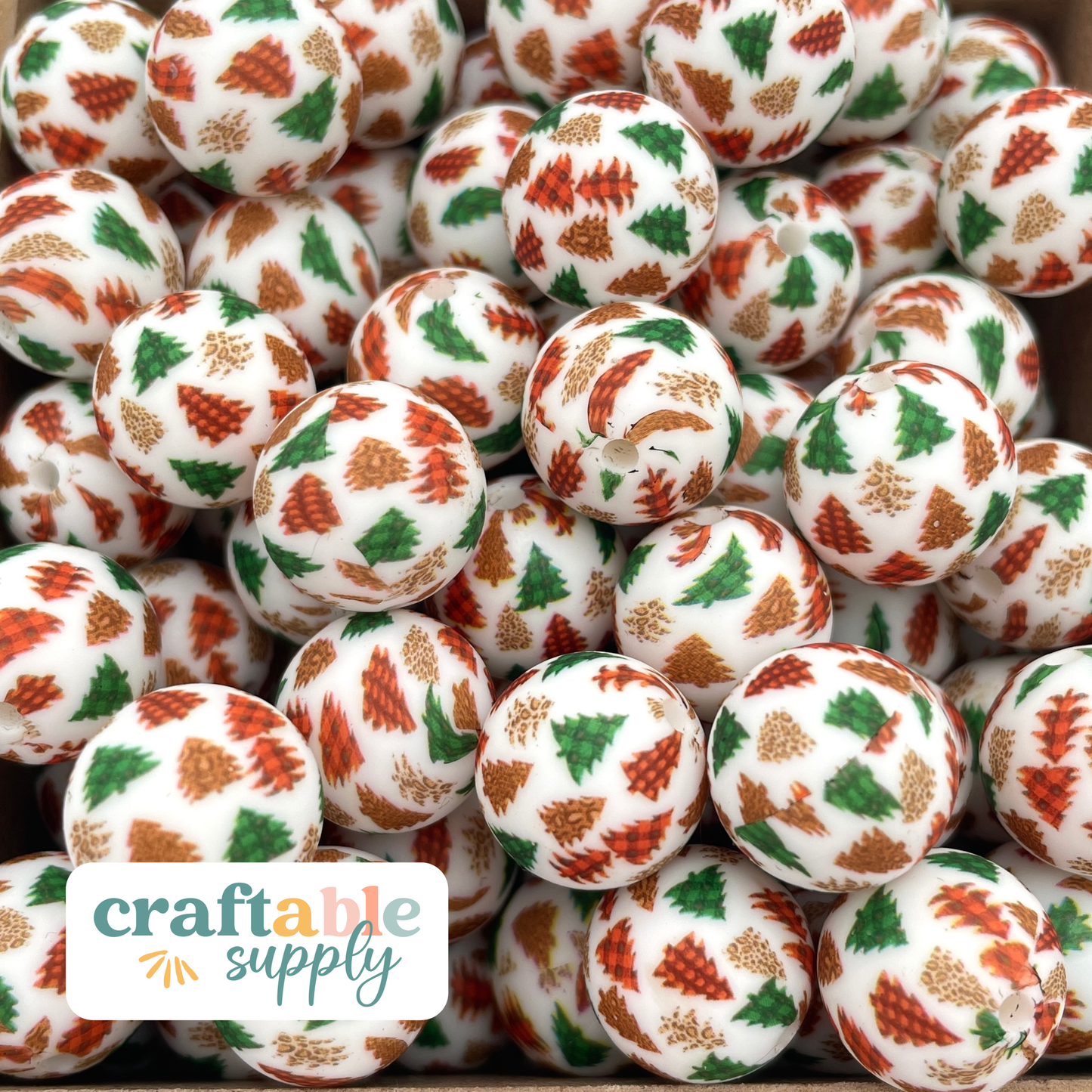 15mm Round Silicone Beads - Christmas Trees