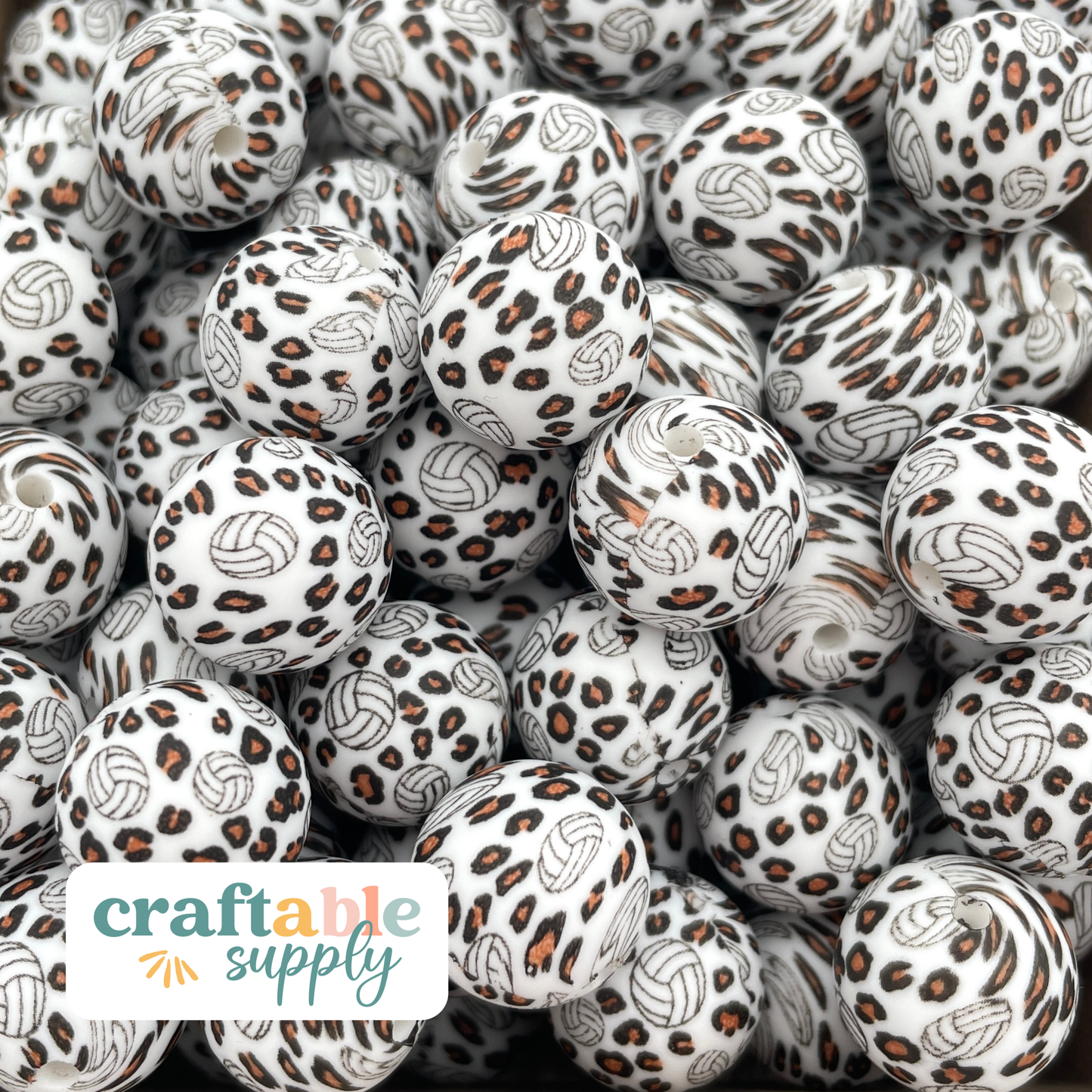 15mm Round Silicone Beads - Volleyball Leopard Print