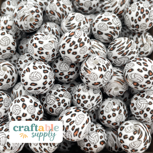 15mm Round Silicone Beads - Volleyball Leopard Print