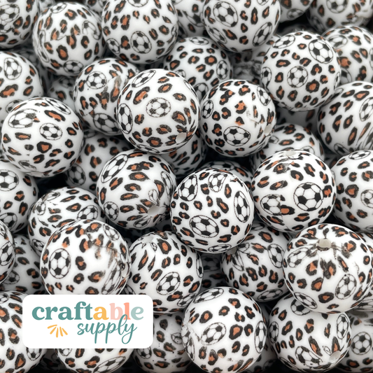 15mm Round Silicone Beads - Soccer Leopard Print