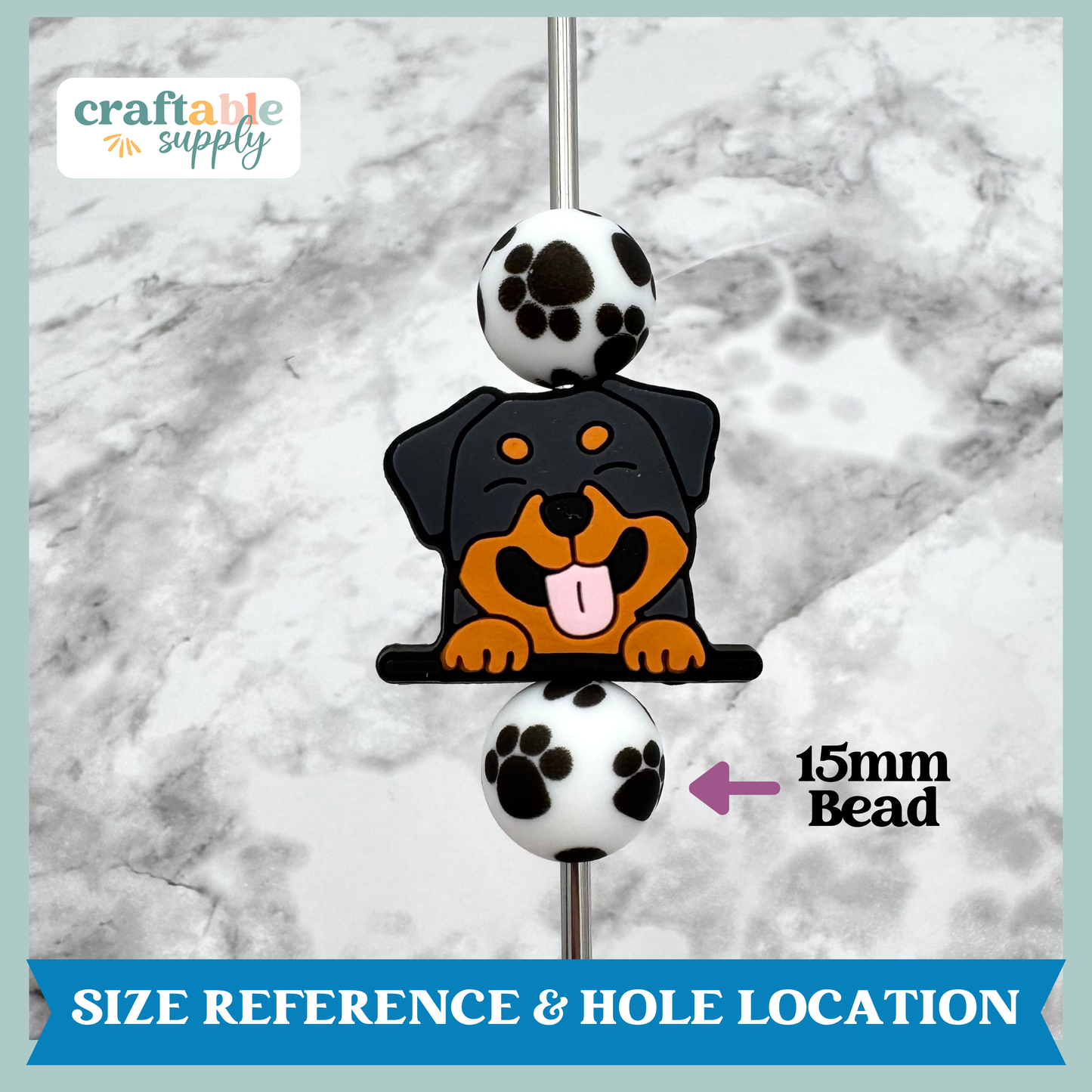 Rottweiler Dog Face Soft PVC Focal Bead