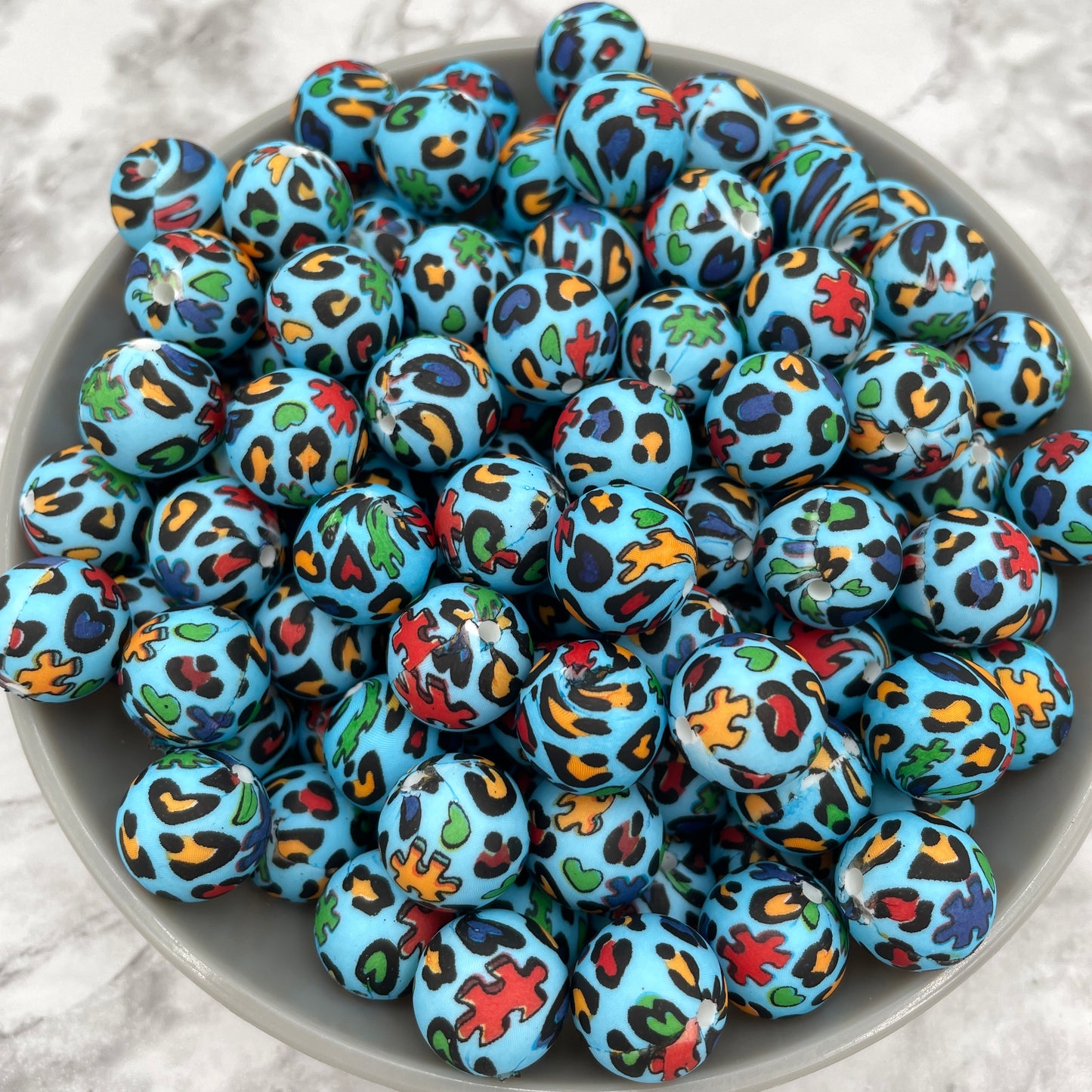 15mm Round Silicone Beads - Puzzle Leopard Print