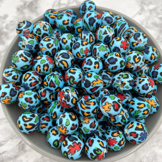 15mm Round Silicone Beads - Puzzle Leopard Print